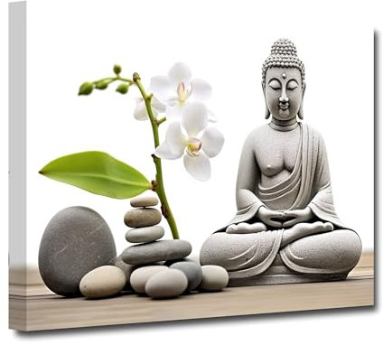 CXHOSTENT Buddha Statue Leinwandbild Buddha mit Zen Steinen Orchideen Bild auf Leinwand Zen Kunstdrucke Wanddekoration gerahmt (A, 30.00 x 45.00 cms)