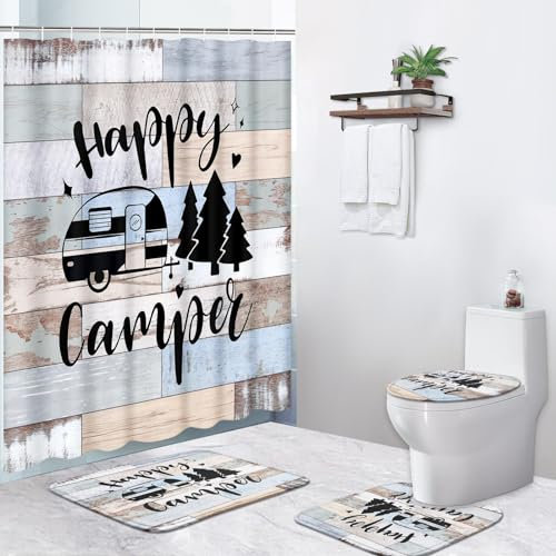 4-teiliges Duschvorhang-Set, Happy Vintage Camper, Holz, Sommer, wasserdicht, Badezimmer-Sets mit rutschfesten Teppichen, WC-Deckelbezug und Badematte, 12 Haken, Zubehör, moderne Badezimmerdekoration,