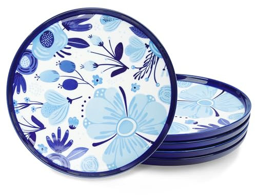 fanquare Assiette Plates Porcelaine Set de 4, Style Vintage Bleu Fleuri Assiettes à Dessert, 26 cm Passe au Micro-ondes et au Lave-vaisselle Assiette à Déjeuner, Assiette à Gâteau