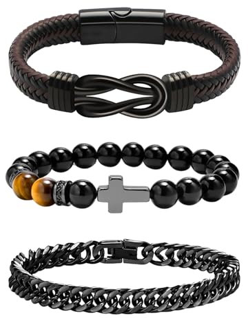 OIDEA Herren Kreuz Armband Set: 3 Stück Armband Infinity Geflochten Lederarmband & Kreuz Kugel Armkette aus Achat & Schwarz Panzerkette aus Edelstahl Handgelenk Schmuck Geschenk für Männer