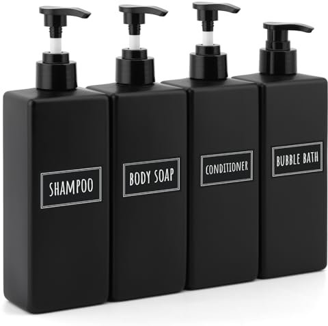 Segbeauty Shampoo Flaschen zum Befüllen, 4 Stück 500ml Seifenspender Schwarz Matt, Seifenspender Kunststoff, Duschgel Spender mit Etiketten, Pumpflasche für Shampoo, Körperseife