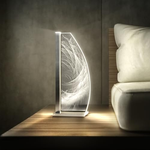 Luverre Tischlampe | LED-Leuchte | Glas-Leuchte mit Gravur für Nachttisch, Kommode, Wohnzimmer | Abstrakt, Geometrie, Kunst (Flame of Light, Segel | silber)