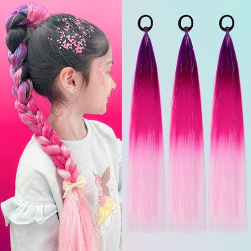 PORSMEER Lot de 3 extensions de cheveux longs violet/rouge/rose à violet - Pour filles et femmes - 60 cm - En queue de cheval lisse - Synthétique