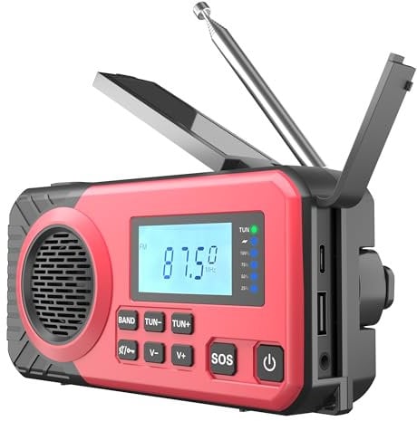 Acta Berg Kurbelradio | Notfallradio mit Kurbel & 5000 mAh Akku | Solar Radio mit Weltempfänger | Handkurbel Blackout Notfallausrüstung | Als Taschenlampe & Ladegerät, AM/FM/SW, mit USB, Rot