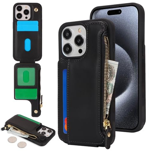 SailorTech Handyhülle für iPhone 15 Pro Etui mit Kartenfach, iPhone 15 Pro Hülle mit Kartenhalter, iPhone 15 Pro Handyhülle mit Reißverschluss Geldbörse - Schwarz