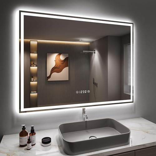 Dripex Espejo de Baño con Luz LED 60 x 80 cm, Antivaho, Dimmable, 3 Colores de Luz, Interruptor Táctil, con Reloj y Enchufe Bipolar