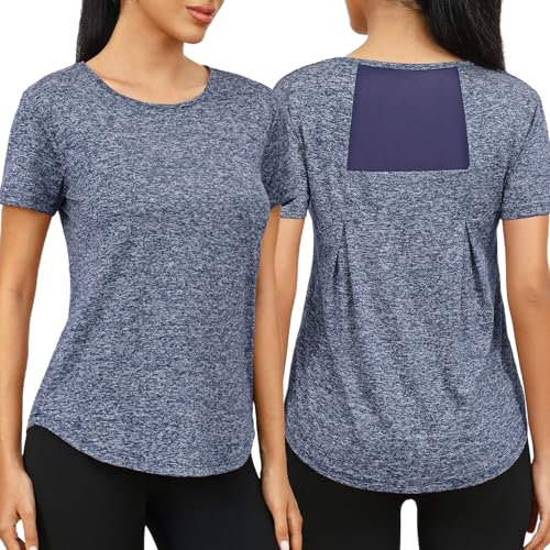Wayleb Sportshirt Damen Kurzarm - Leichtes Atmungsaktiv Sport T-Shirt - Sommer Funktionsshirt mit Back Mesh - Locker Casual Sportoberteil fur Fitness Gym Yoga, Dunkles Himmelblau XL