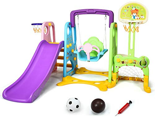 COSTWAY 6 in 1 Kinder Rutsche mit Schaukel, Kinderrutsche Indoor mit Basketballkorb & Fußballtor & Wurfspiel & Schreibtischplatte, Spielplatz Indoor & Outdoor für Kinder ab 3 Jahren