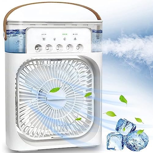 Portable Air Cooler 4-In-1 Mini Mobile Air Conditioner Fan, Evaporative Air Cooler 3 Speeds,600ml water tank, Rainbow Lights, Ideal for Home/Bedroom/Kitchen