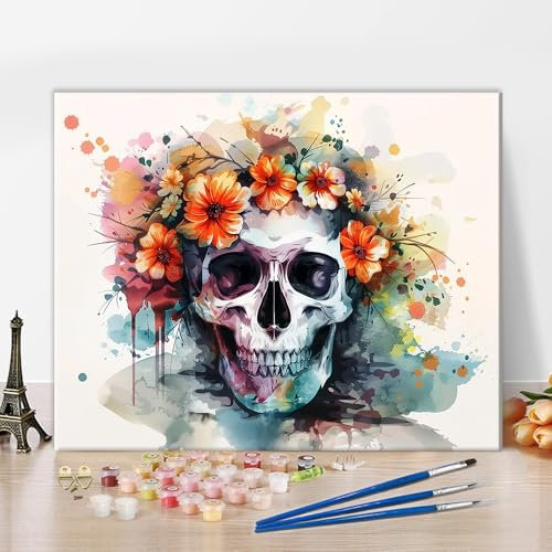 TISHIRON Malen nach Zahlen Kit für Erwachsene Blume DIY Malen nach Zahlen für Erwachsene Totenkopf mit Blume Ölfarben Malen nach Zahlen mit Pinseln Erwachsene Malen nach Zahlen Kits Kunsthandwerk