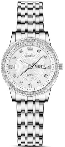 OLEVS Silber Damenuhr Edelstahl Elegante Diamant Wasserdicht Uhren Damen mit Datumsanzeige Moderne Analog Kleid Damen Armbanduhr Weiss Klein Zifferblatt Schicke Quarz Uhren Frauen Leuchtend Geschenke
