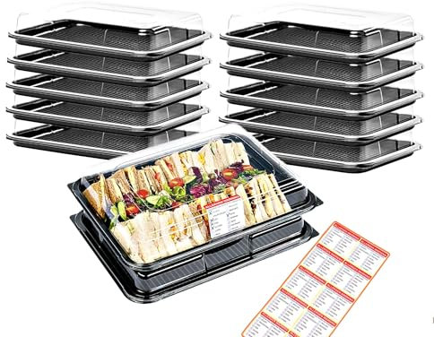 Caterline 12 Medium Black Base Platters with Lids & Allergy Labels. Eco-Friendly,Reusable & Recyclable. Great for Sandwiches, Salads, Buffets & Parties (L 390mm x W 290mm x D 70mm)