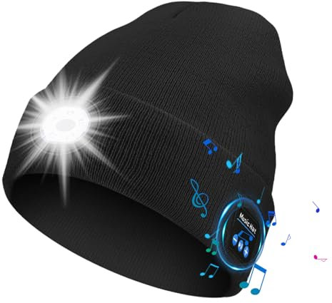 Funio Bluetooth Beanie with Light & Speaker - Warm Music Hat, Adjustable Brightness, Breathable & Machine Washable, for Men & Women Black, Black, M