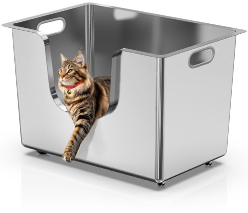 PTLOM Katzenklo Edelstahl, extragroße Katzentoilette mit hohen Seiten und niedrigem Einstieg, Rädern an der Unterseite, tiefes, spritzwassergeschütztes Reinigungswerkzeug für große mittelgroße Katzen