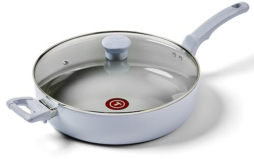 T-fal Refresh Ceramic, Ceramic Non Stick Jumbo Cooker w/Lid 5 Quart, Oven Broiler Safe 350F, Cookware, Kitchen, Deep Frying Pan w/Handle, Saute Pan, Healthy Cooking, Skillet, Pots and Pans, Blue