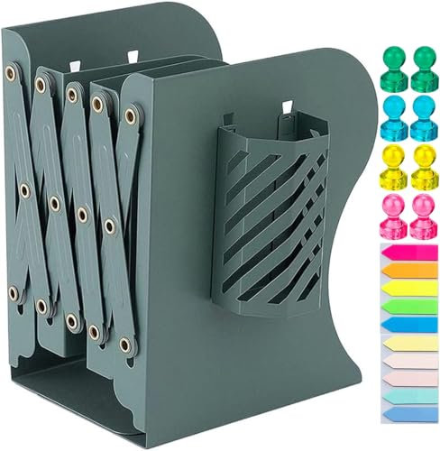 Réglables Serre Livre, Rangement Livre Bloc Livre avec Porte-Stylo Serre-Livres pour étagères Organiseur de Bureau Accessoires pour la Maison, Bureau, l'école, Bibliothèque (Vert)