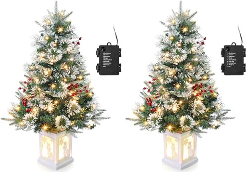 2Pack 90cm Weihnachtsbaum künstlich mit 78 Beleuchtung,Batteriebetrieben Pre-lit Premium Snow Flocked Künstlicher Weihnachtsbaum mit roten Beeren Weihnachten deko für Zuhause, Büro, Weiße Basis