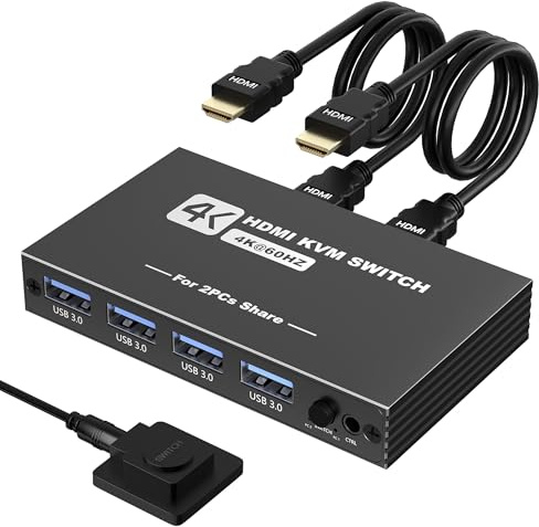USB 3.0 HDMI KVM Switch 1 Monitore 2 Computer, 4K@60Hz KVM Switch, USB Switch, KVM Switches für 2 Computer Sharing Monitor Tastatur Maus Drucker, inklusive 2 HDMI Kabel, 2 USB Kabel und Controller