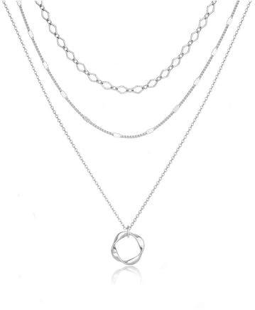 Meteorstarry Halsreif Edelstahl Damen Silber 925 Sterling, 3PCS Layering Lange Silberkette Kette Silber 925 Damen mit Anhänger Halsketten Chain Damenkette für Frauen