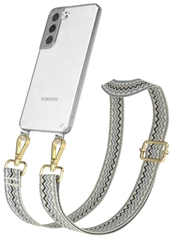EAZY CASE Handykette - Verstellbares Taschenband kompatibel mit Galaxy S22 5G, Schulterriemen, Handykordel mit Silikon Hülle, Umhängetasche, Beige Blau Gold