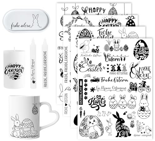 4 Stück Rub On Sticker Ostern, Frühling Ostereier Osterhasen Aufkleber, Selbstklebend Frohe Ostern Sticker, Osterdeko für Glas Gips Holz Keramik kerzentattoos Möbel Geschenke Deko