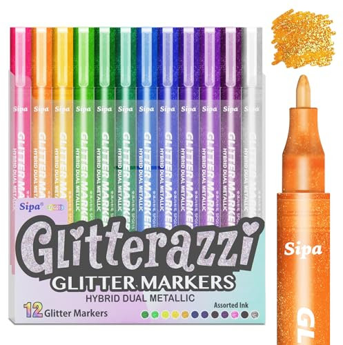 Sipa 12 Metallic Glitzer Stifte 1mm – Für Fotoalbum DIY, Hochzeitsgästebücher, Scrapbooking, Keramik & Weihnachtsdeko – Ungiftig Metallische Farben