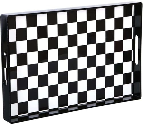 Simmer Stone Decorative Tray, Marbling Plastic With Handles, Rectangular Vanity And Serving For Bathroom, Kitchen, Ottoman And Coffee Table, 15.6” x 10.2” (Black white checkerboard)