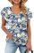 WNEEDU T-Shirts Femmes D'été Hauts Basic Col V Manches Courtes de Pétales Tee Shirt Décontractés Top Peinture à l'huile Bleue et Blanche L
