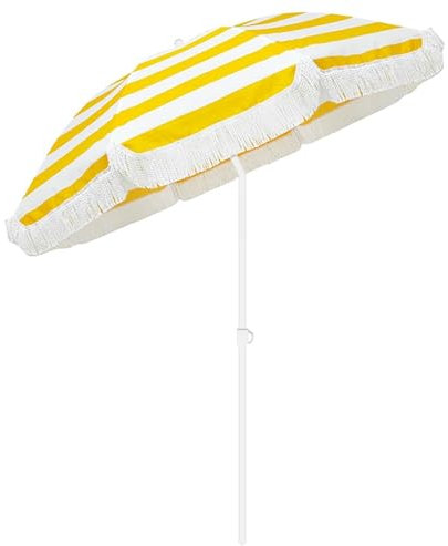 CFLNHMSY Yellow and white striped garden umbrella, Beach umbrella with tassels, Outdoor foldable market umbrella, Romantic decorative umbrella with 45° tilt, no base