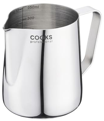 Cooks Professional Stainless Steel Milk Steaming Jug with Pouring Spout & Internal Measurement Guides | 350ml Capacity | Rust-Resistant Frother Pitcher Cup for Latte Cappuccino Coffee Art | Silver