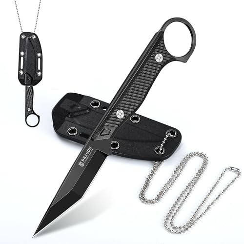 Dragon Creek Neck Knife Tanto Klinge Kydex Scheide Schwarz | Kompaktes feststehendes Messer mit Full Tang Aufbau, geeignet für Outdoor Aktivitäten