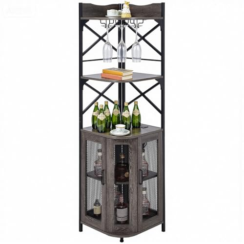 Warmiehomy Corner Wine Racks Free Standing with Power Socket and Led Lights, 5-Tiers Wine Bar Cabinet, Industrial Vintage Drinks Cabinet for Living Room, Kitchen, Home Bar, Bedroom, Office, Grey