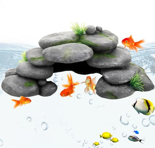 Behogan Aquarium Deko, Aquarium Höhle mit Grün Gras, Aquarium Deko Groß, Rock Cave Dekoration, Aquarium-Versteck Harz Höhle Mountain für Schildkröten Axolotl Garnelen Betta Fisch Schwimmhabitat