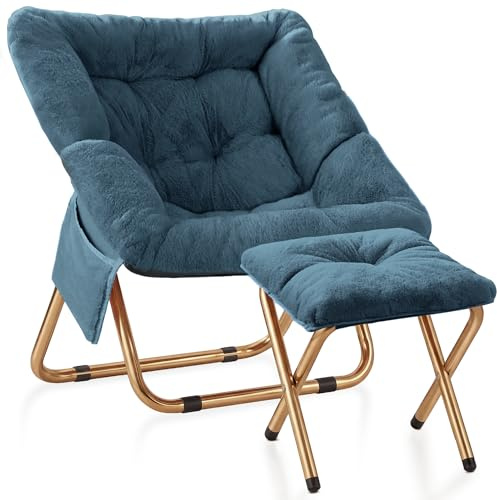 Kasunpul Comfy Saucer Chair, Foldable Living Room Chairs, Soft Faux Fur Lounge Chair for Bedroom, Reading Chairs for Adults, Teens, X-Large (Blue Grey)