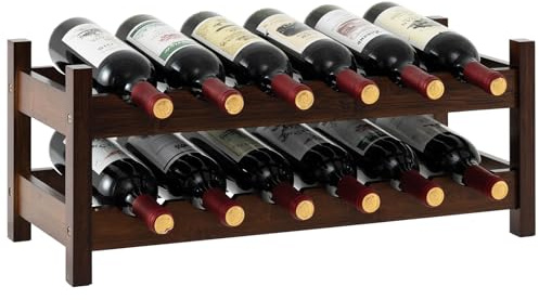 GOPLUS Range Bouteille à 2 Niveaux pour 12 Bouteilles, 24 x 60 x 25 CM, Casier à Bouteilles en Bambou, Petite Étagère Inclinée Modulaire Autoportante pour Comptoir, Armoire, Cuisine, Bar (Café)