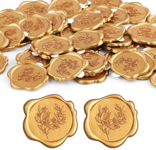 50 Pcs Gold Wax Seal Stickers, Self-Adhesive Olive Branch Embossed Wax Seal Stickers, Envelope Stamp Sticker for Christmas Valentine's Day Wedding Party Invitations Gift Wrap Scrapbooking DIY Projects