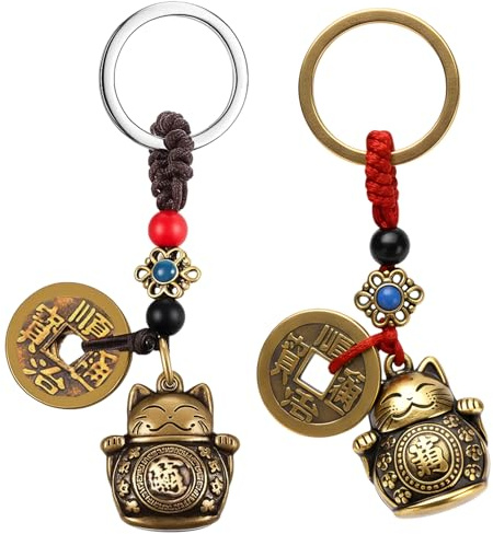 PjuQow Glückskatze Schlüsselanhänger, Lustige Katzen Anhänger Mit Roter Und Brauner Schnur, Winkekatze Maneki Neko, Passendes Schlüsselband Für Schlüssel, Handtasche Und Mehr