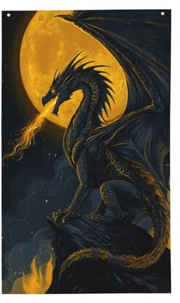 Majestätischer Drachen-Vollmond-Fantasie, Hofflagge, 90 x 150 cm, Grußbanner mit Ösen, für drinnen und draußen, Party-Dekoration