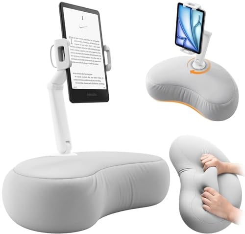 SAIJI Kindle Pillow Stand for Bed – iPad & Tablet Holder (Gray) | Comfort for Reading in Bed, Adjustable 360° Rotating Clip, Dual-Axis, for Kindle Scribe & other E-readers, iPads — All Models