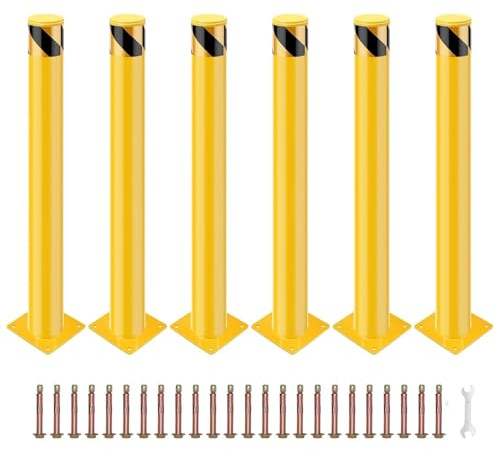 Safety Bollard, ExploreHorizon 6 Packs 48 Inch Height Bollard Post, 4.5 Inch Diameter, Yellow Safety Steel Bollard Post, with 24 Anchor Bolts, for Traffic Control, Driveway Barrier, Parking Pole