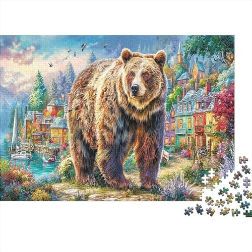 Brown Bear Thick Paper Bear in Colorful Town by Water Jigsaw Puzzle Bundle Boredom Buster Puzzle Gift 52x38cm/1000pcs