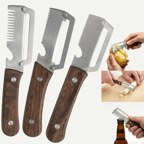 3PCS Multifunctional Vegetable Peeler, 3 Different Stainless Steel Blade with Bottle Opener and Wooden Handle for Peeling Slicing Grating, Kitchen Gadgets for Fruit Veggie Potato Pumpkin Apple Carrot