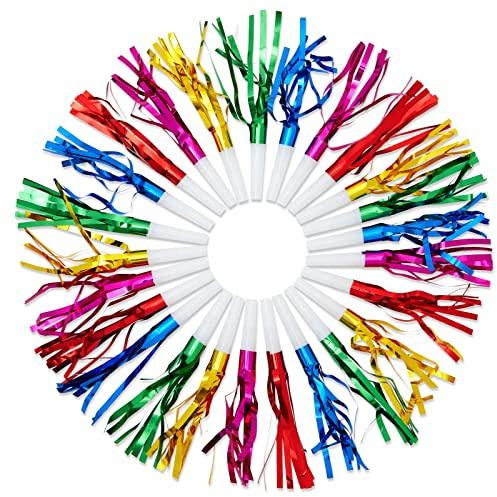 Juvale Party Noise Makers & Horns - Bulk Party Horns & Blowers - Tinsel Fringe Noise Makers for Kids - Multicolor Celebration Favors - Plastic, Pack of 50, 5 Colors