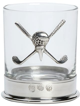 Lead Free pewterware Mounted 12oz Whisky Glass with a Pair of Crossed Golf Clubs with a Golf tee and Ball in The Middle in a Presentation Box of 1 or 2 Glasses (1)