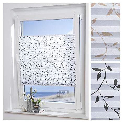 ourdeco® Plissee Filigran / 100 x 130 cm (Breite x Höhe) / Stoff: weiß, Muster: schwarz/lichtdurchlässig, gedrucktes Motiv Blätter/Klemmen=Montage ohne Bohren=Smartfix=Klemmfix-Plissee=Easy-to-fix