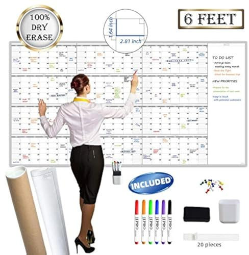 Großer wiederverwendbarer trocken abwischbarer Jahres-Wandkalender – Jumbo-Premium-laminierter 12-monatiger Aufgaben-Organizer – 96.5x182.9 cm undatierter Jahresplaner für Zuhause, Büro, Schulprojekte