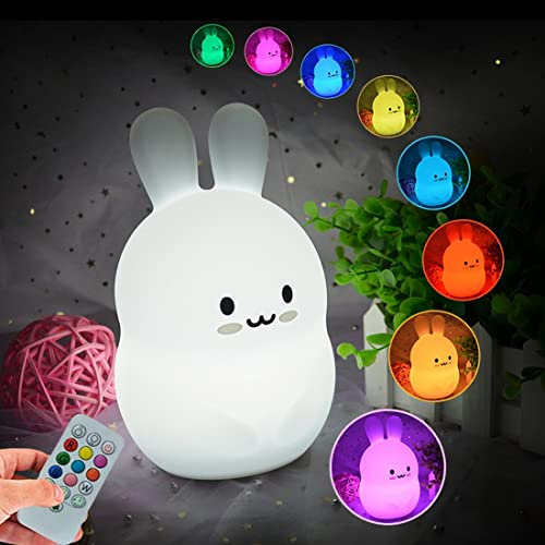 Glinrui Lapin Veilleuse pour enfants - lampe de chevet chambre décoratives Silicone Lumières d'ambiance animaux pour filles et garçons- luminosité et couleur réglables, Réglage de l'heure - moyen