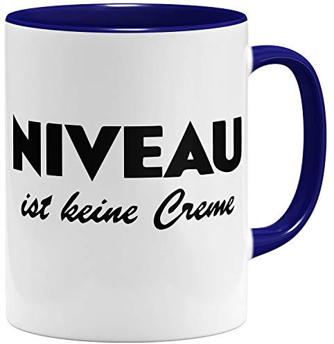 OM3® Niveau ist Keine Creme Kaffee-Tasse mit lustigem Spruch | Keramik Becher | 11oz 325ml | Fun Parodie Statement Sarkastisch Spruch | Dunkelblau