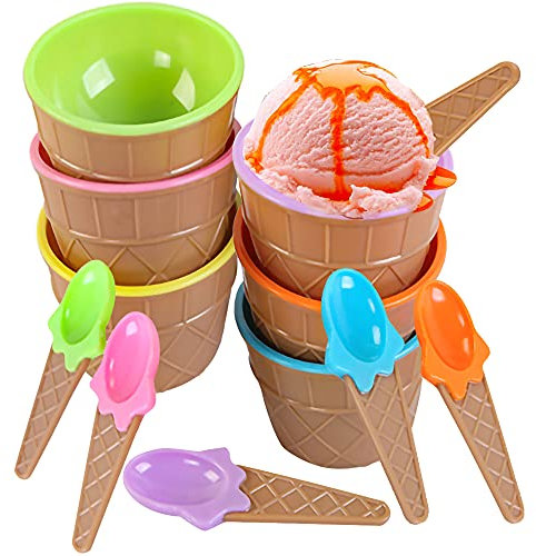 Eisbecher für Kinder, ZoneYan Niedlich Bunte Eis-Schalen Eisbecher, Eisschalen Kinder, Dessertschale, Eisbecher mit Löffeln, für Essen, Obst, EIS, Familie, Camping, Weihnachten Party (6 Stück)
