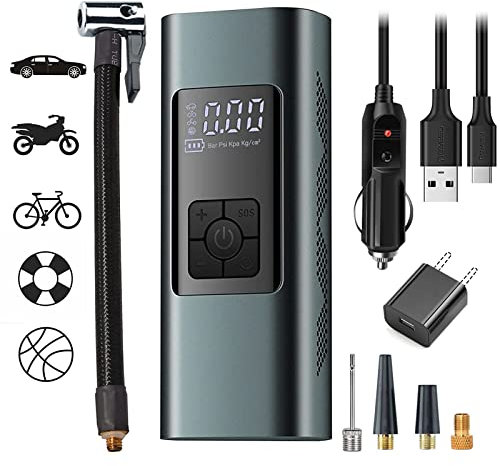Tyre Inflator Portable Air Compressor for Car Tyres 12 Volt Electric Car Air Pump Rechargeable 6000mA 150PSI Tyre inflator Pump with Pressure Gauge Auto-Off for Car Bike Balls, Power Bank & SOS